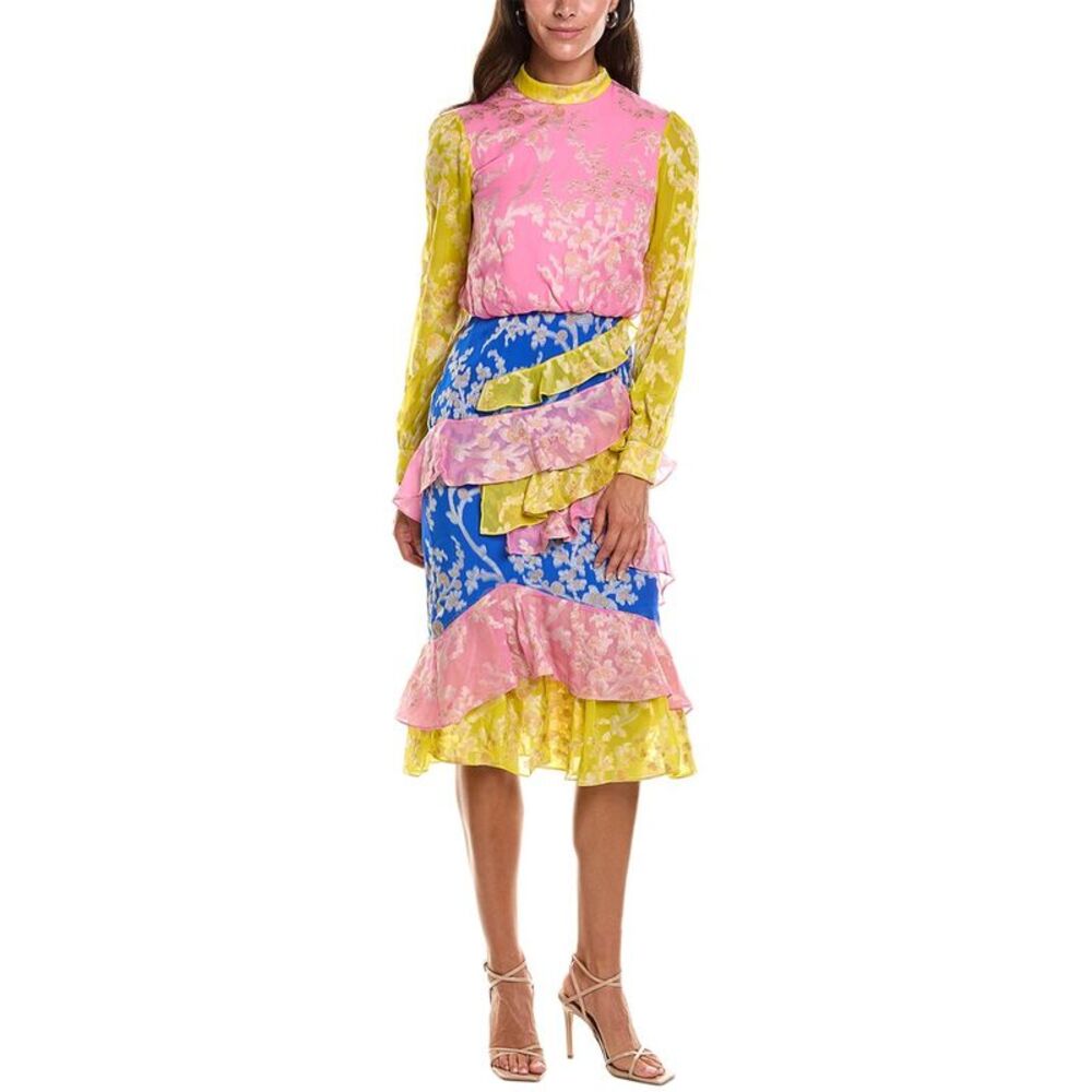 Saloni Womens  Isa Tree Jacquard Midi Dress, Yellow